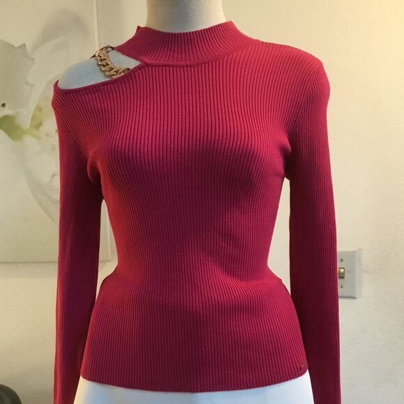 GUESS Ribbed Halter Sweater Pullover Cutout Chains Long Sleeve Logo Pink S - Picture 2 of 6